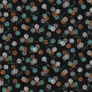A repeating pattern of  yarn balls in teal, brown, white, and gray on a black background.