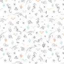 A repeating underwater-themed pattern on a white background, featuring  seahorses, starfish, fish, coral, and marine plants in gray, light blue, and muted orange.