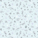 A repeating pattern of ocean-themed illustrations on a pale icy blue background, including seahorses, starfish, fish, shells, and seaweed in soft gray and white tones.