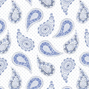 A repeating blue paisley pattern on a white background with a fine dotted texture. 
